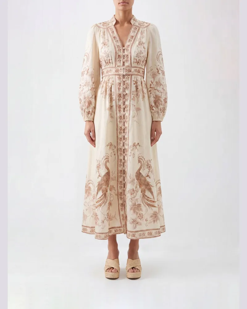 Zimmermann Midi-Hemdblusenkleid von aus Leinen mit Blumendruck und Ballonärmeln Cream
