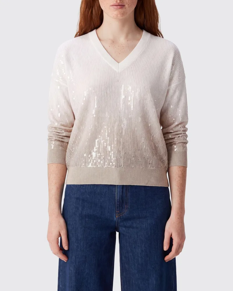 Liu Jo V-Ausschnitt-Pullover aus Viskose mit zweifarbigen Pailletten Beige