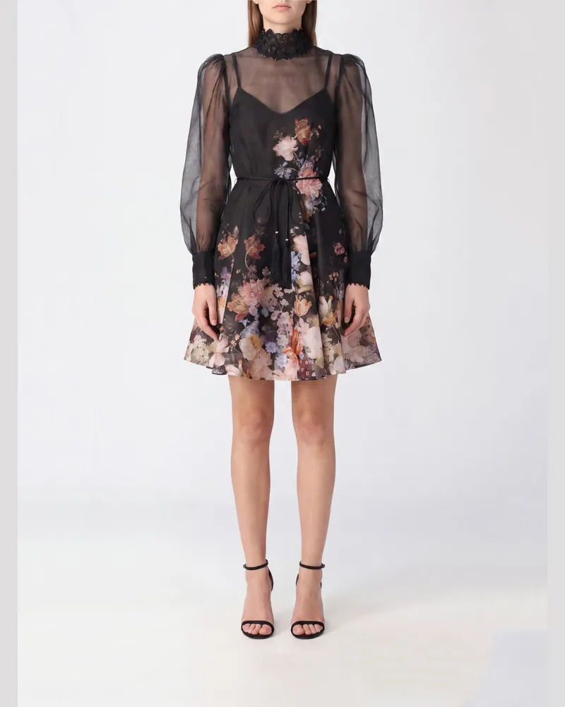 Zimmermann Valiant Midikleid von aus Leinen und Seide mit Blumendruck Schwarz