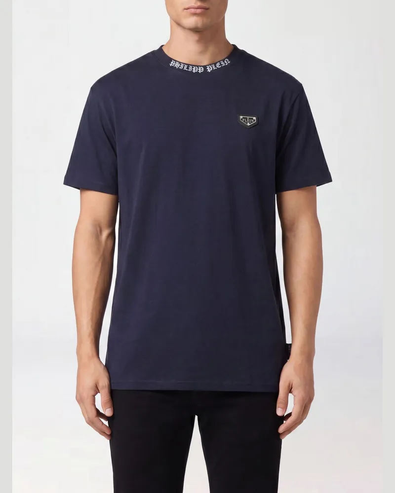 Philipp Plein Baumwoll-T-Shirt mit metallischer Logoplakette auf der Brust Blau