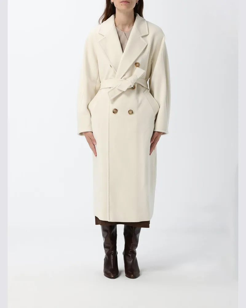 Max Mara Langer zweireihiger Wollmantel Madame mit Gürtel Weiß