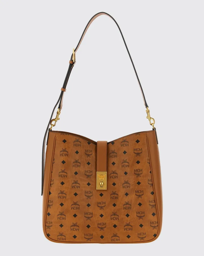 MCM Tracy Schultertasche aus beschichteter Baumwolle mit Logo-Print und Drehverschluss Braun