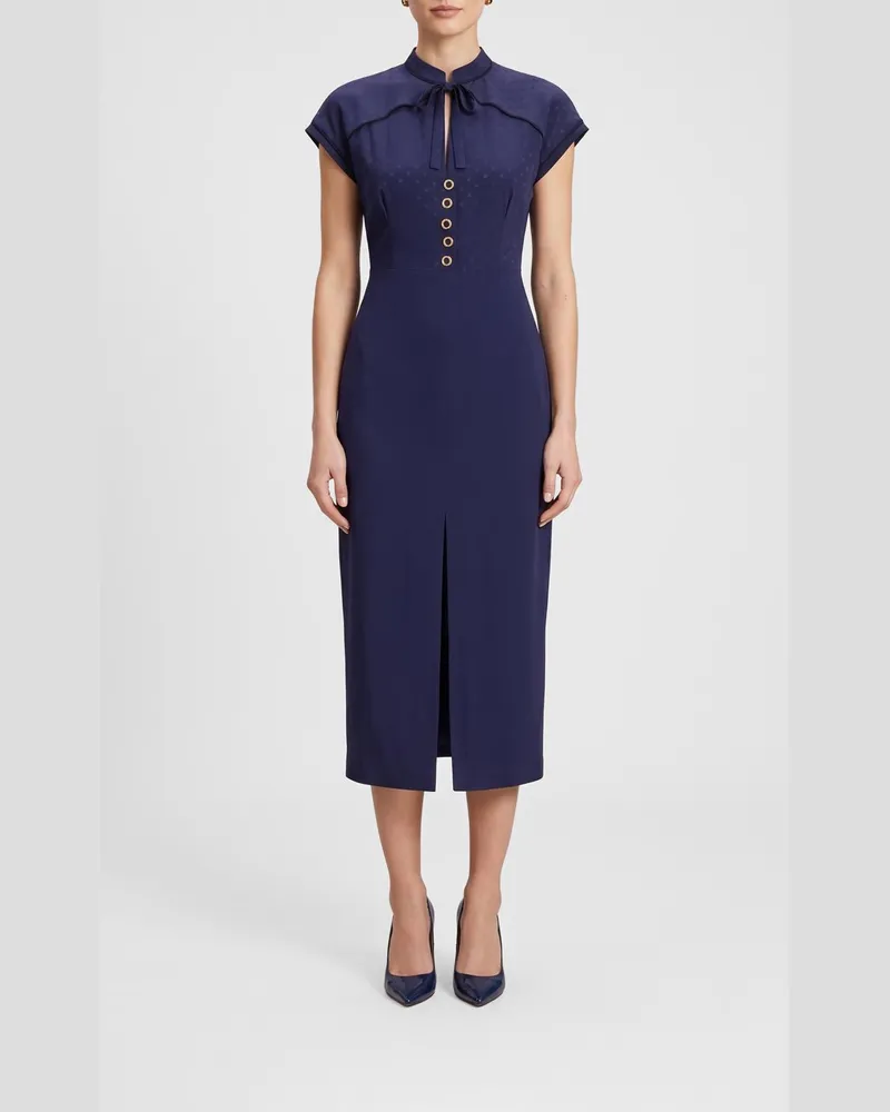 Alessandra Rich Midi-Abendkleid aus reiner Seide mit Schalkragen und vorderem Schlitz Navy