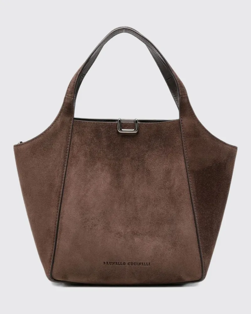 Brunello Cucinelli Kleine Wildleder-Handtasche mit doppeltem Griff Kakao
