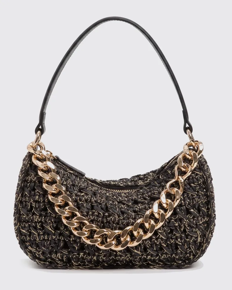 Twin-Set Liliane zweifarbige Hobo-Tasche aus Bast mit Metallic-Mesh-Einsätzen Schwarz