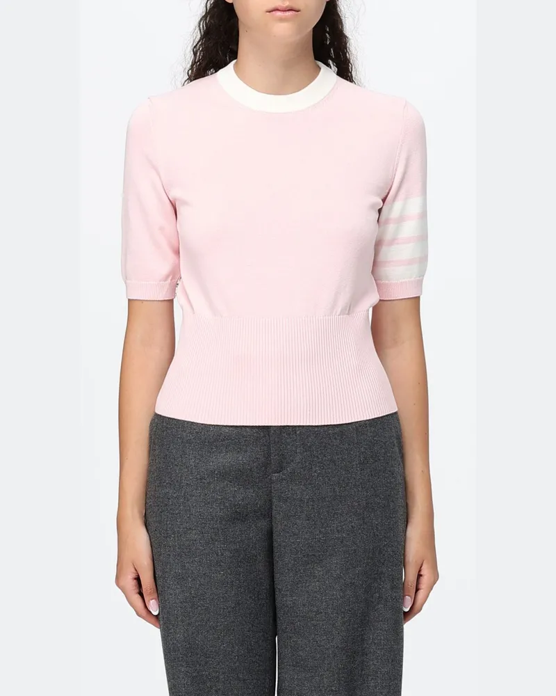 Thom Browne Kurzärmliger Hector-Rundhalspullover aus Wolle mit 4-Bar-Streifen Pink