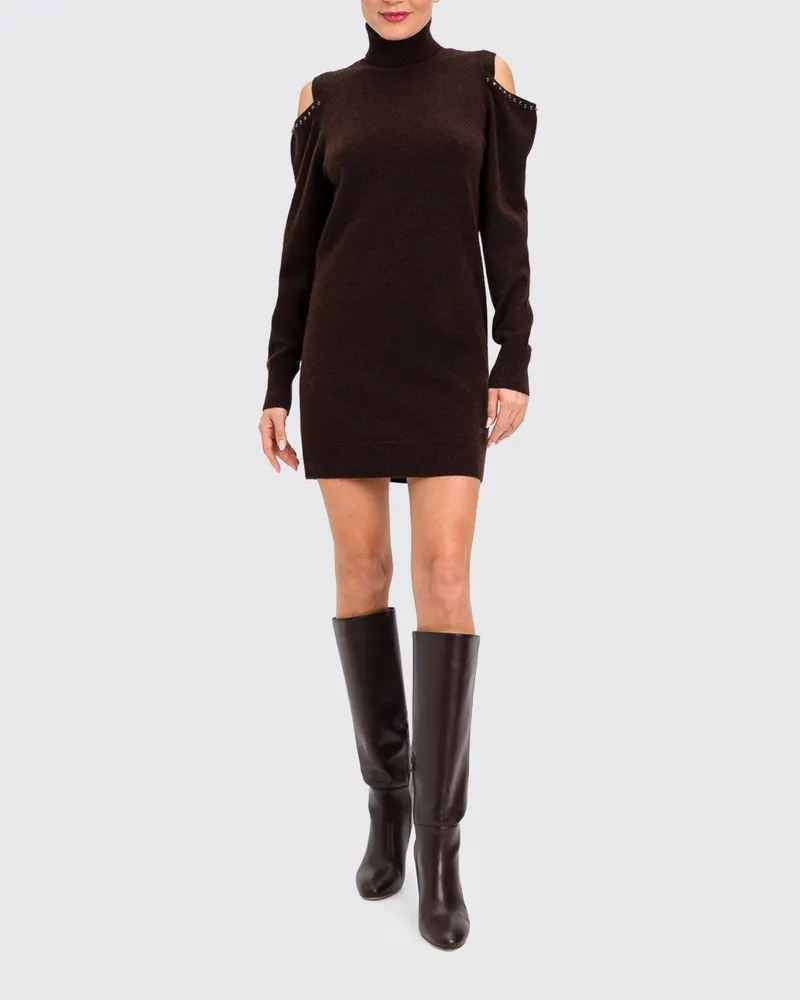 Twin-Set Minikleid mit Rollkragen aus Wollstrick mit Cut-Outs Braun