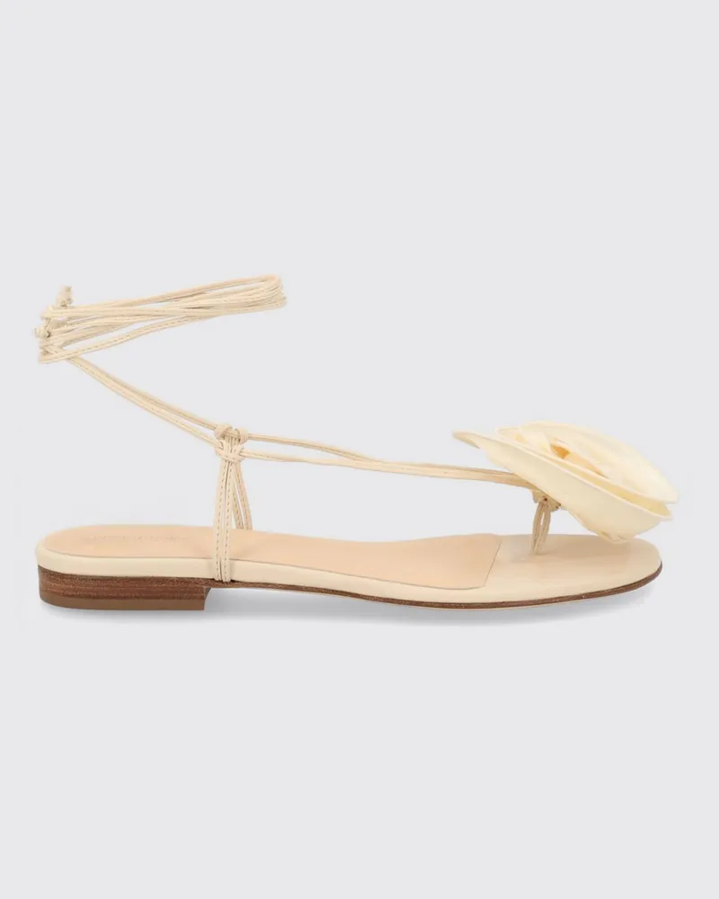 Magda Butrym Leder-Zehentrenner-Sandalen mit Blumenapplikation und Knöchelriemen zum Binden Ivory