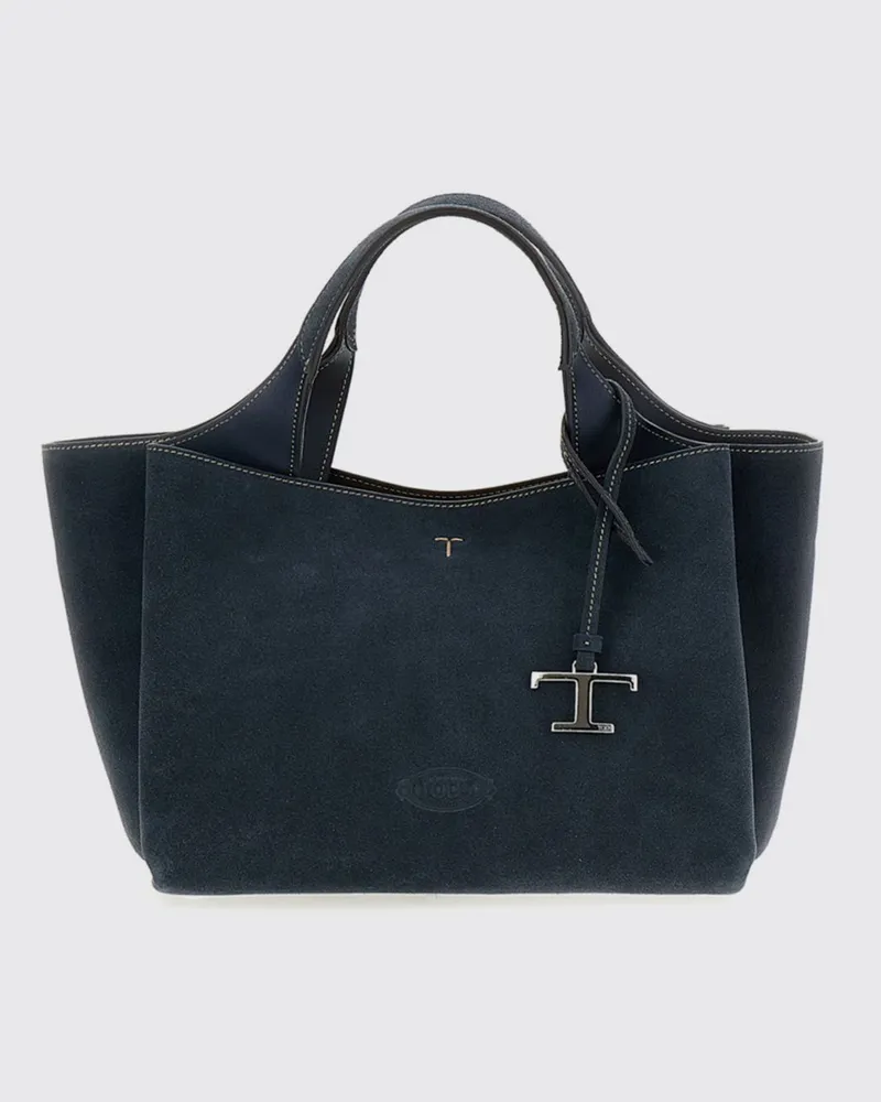TOD'S Handtasche aus Velourskalbsleder mit abnehmbarem Schultergurt und Logo-Anhänger Blau
