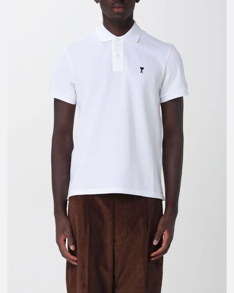 AMI Paris Kurzärmeliges Baumwoll-Poloshirt von mit gesticktem Logo Weiß
