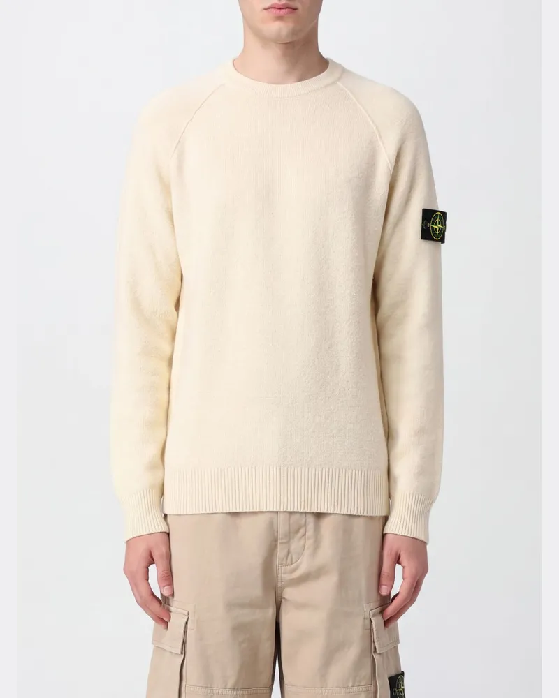 Stone Island Baumwollpullover mit Rundhals und Compass-Logo am Ärmel Ivory