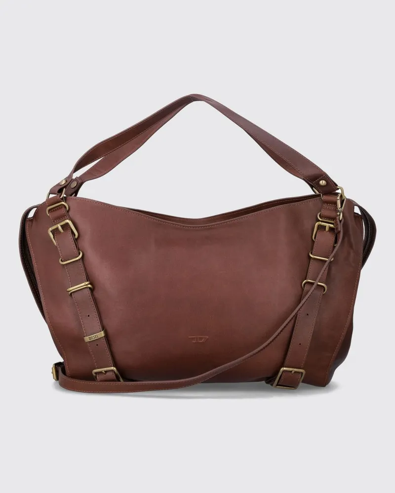 Diesel D-One Handtasche aus Rindsleder mit Oval-D-Logo und abnehmbarem Schulterriemen Braun