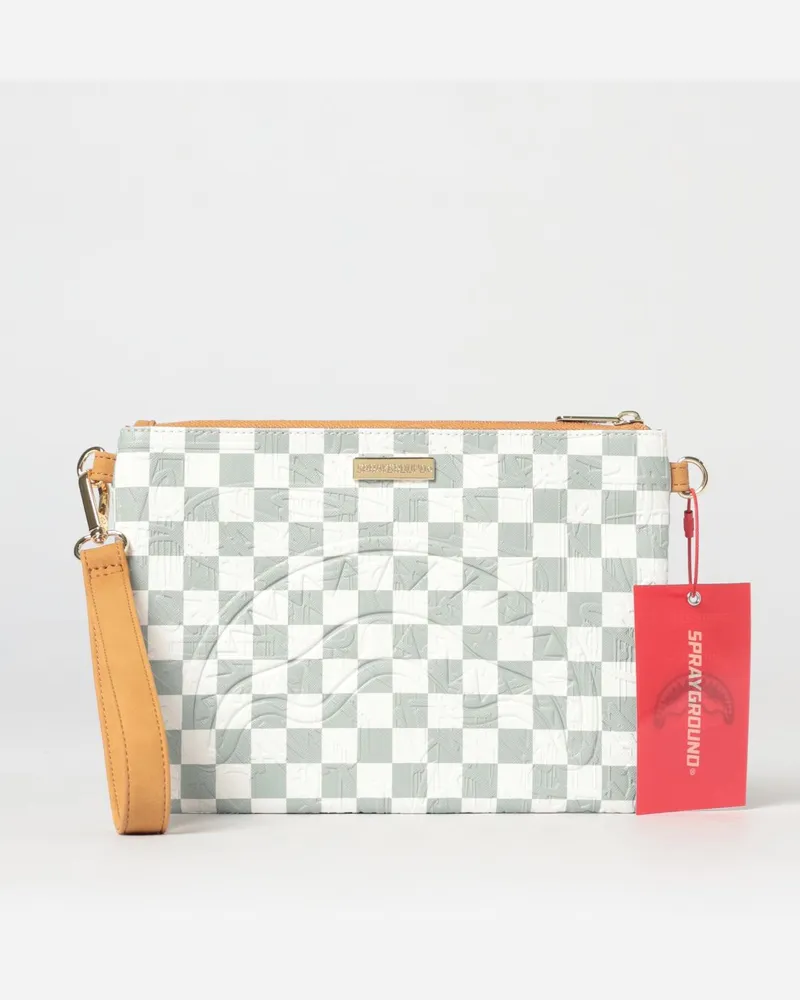 Sprayground The Private Jet Shark Club Pouch aus beschichteter Saffiano-Baumwolle mit Karomuster Weiß