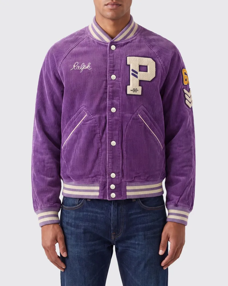 Ralph Lauren Samt-Varsity-Bomberjacke mit Aufnähern und Stickereien Violett