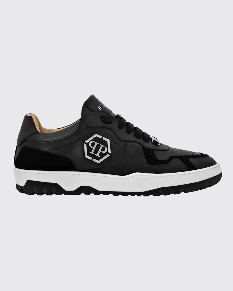 Philipp Plein Niedrige Leder- und Wildleder-Sneaker mit Hexagon-Logo Schwarz
