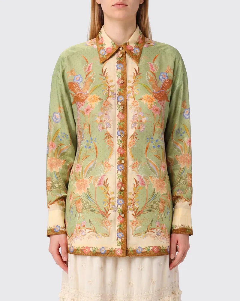 Zimmermann Seidenhemd mit Blumenmuster und langen Ärmeln Kaki