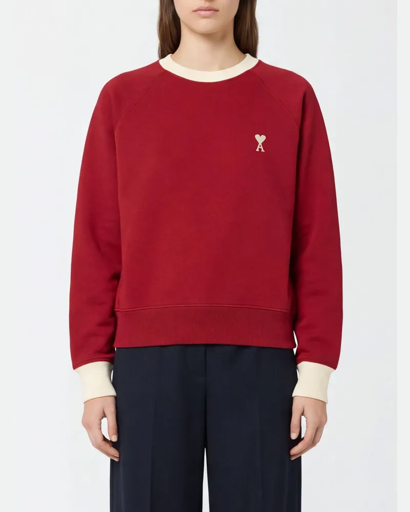 AMI Paris Baumwoll-Sweatshirt mit Rundhalsausschnitt, überschnittenen Schultern und gesticktem Logo Rot
