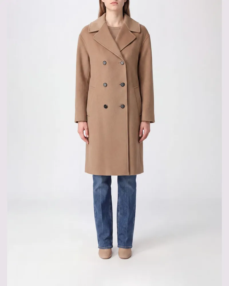 Max Mara Langer zweireihiger Mantel von aus Schurwolle mit Reverskragen Camel