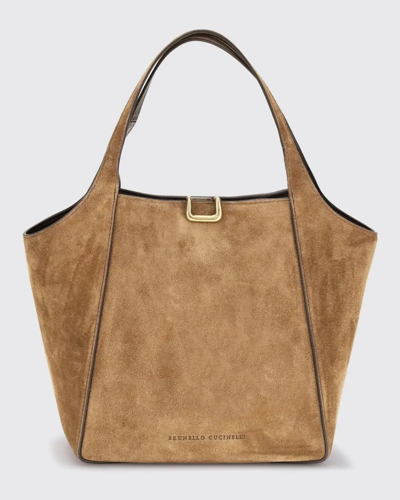 Brunello Cucinelli Kleine Wildleder-Handtasche mit doppeltem Griff Braun