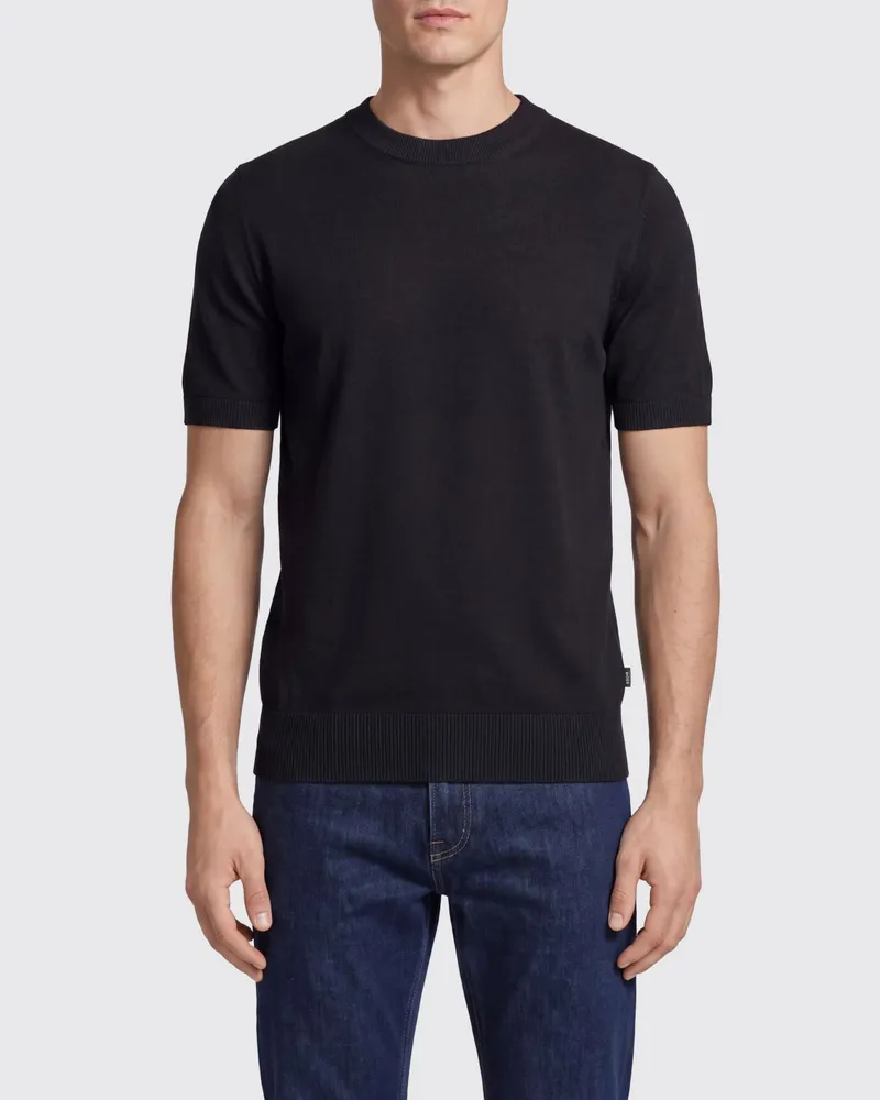 HUGO BOSS Kurzärmeliger Pullover mit Rundhalsausschnitt aus reiner Schurwolle Schwarz