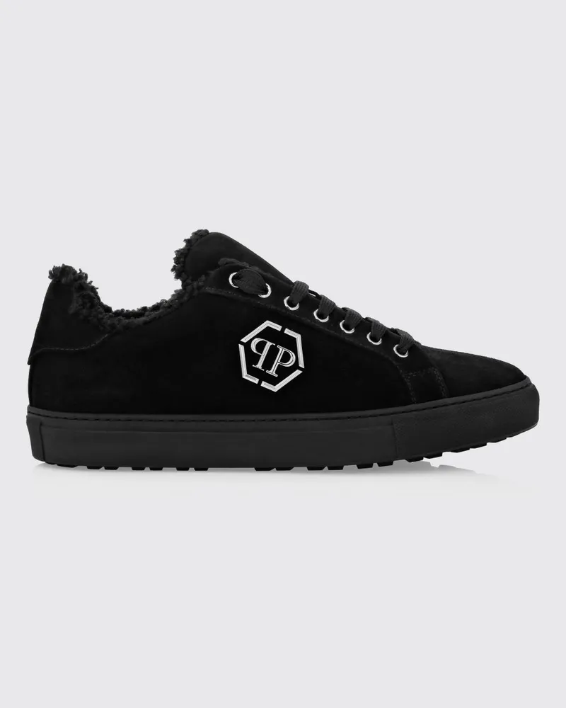 Philipp Plein Low-Top-Sneakers aus Leder und Wildleder mit Hexagon-Logo und Shearling-Futter Schwarz