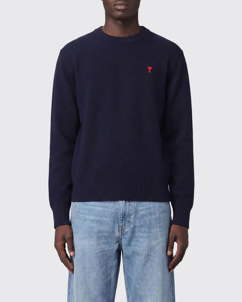 AMI Paris Wollpullover mit Rundhalsausschnitt und Ami de Coeur-Logostickerei Blau