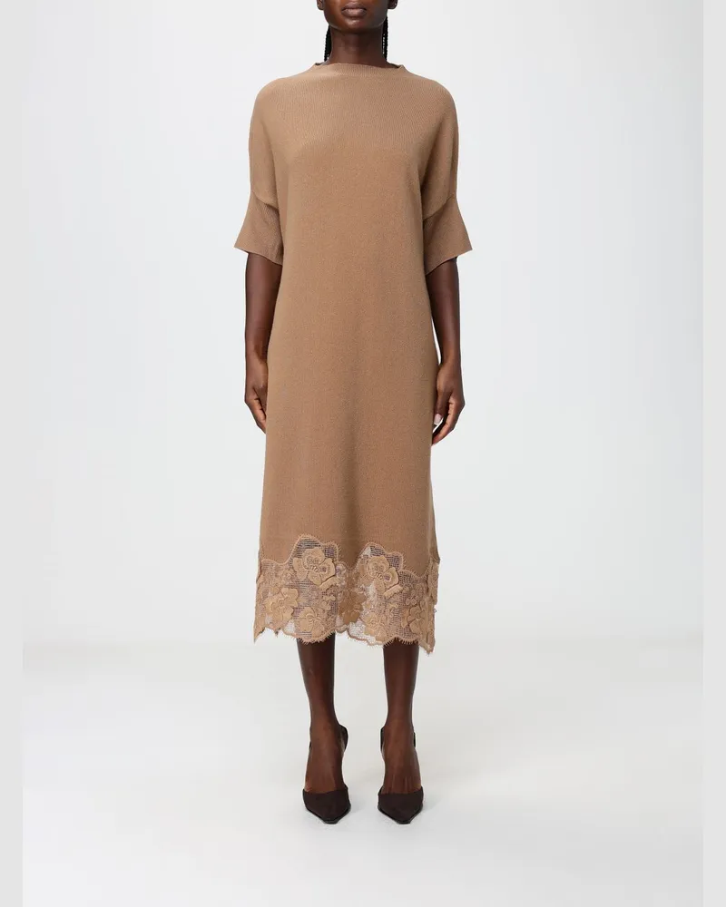 Fabiana Filippi A-Linien-Midikleid aus Wolle und Seide mit Spitzeneinsätzen Camel