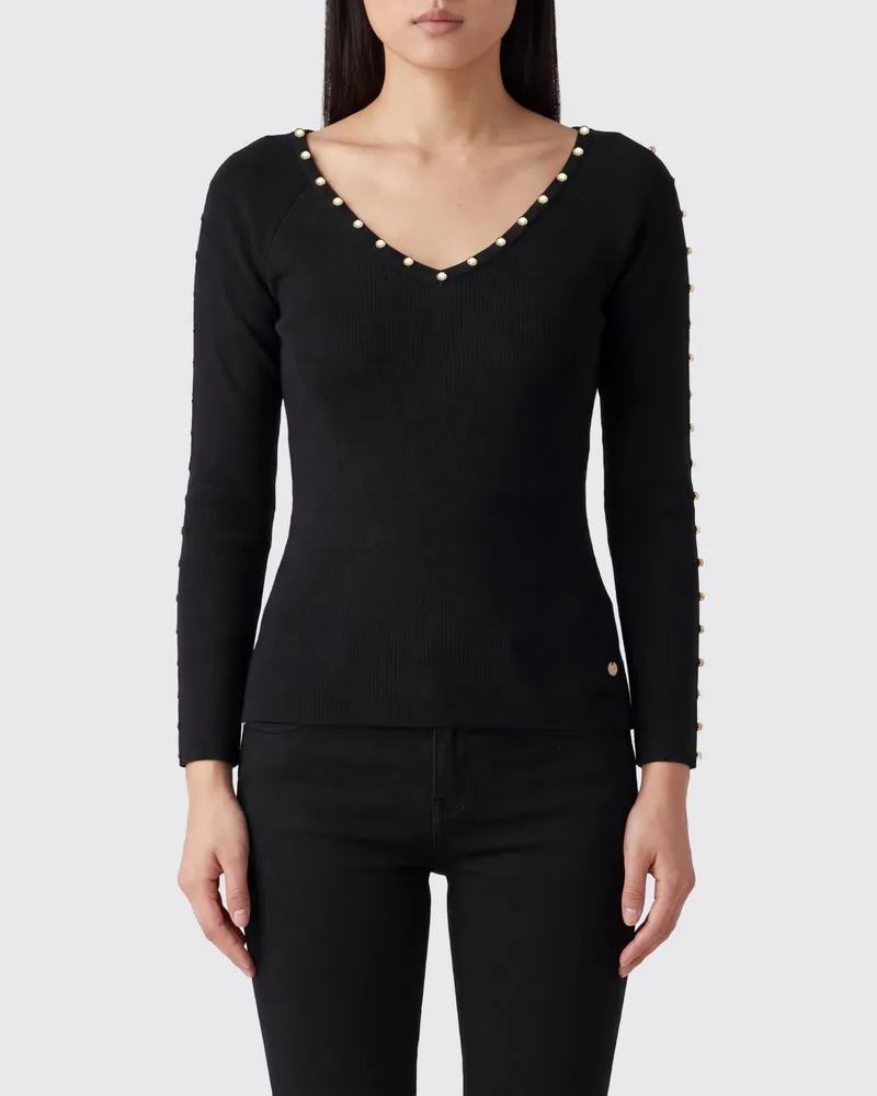 Liu Jo Slim-Fit-Pullover aus Viskose mit V-Ausschnitt und Kristall-Applikationen Schwarz