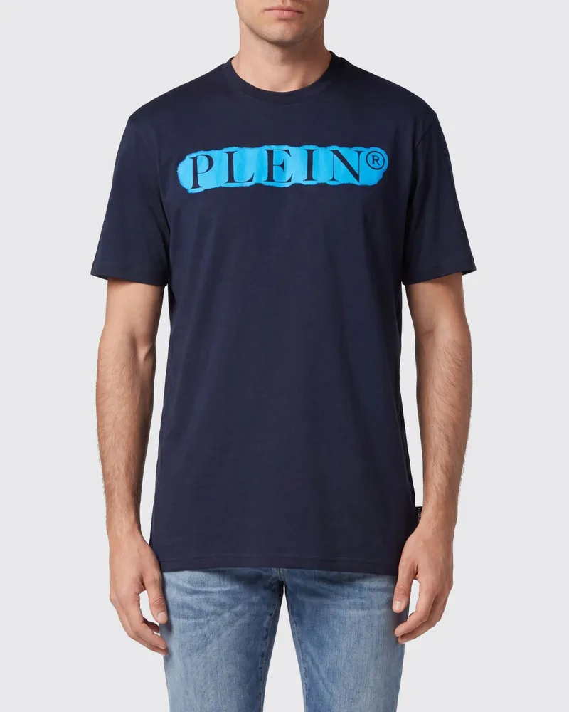 Philipp Plein Baumwoll-T-Shirt mit Rundhalsausschnitt und kontrastierendem Logo-Schriftzug-Print Blau