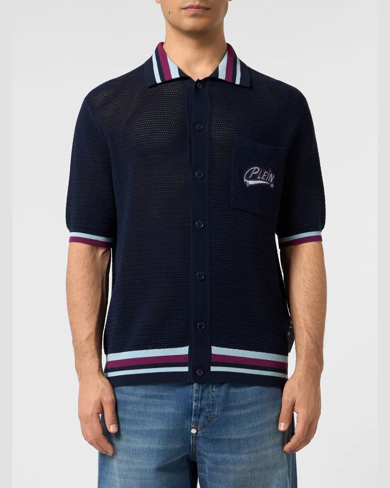 Philipp Plein Kurzärmeliges Baumwoll-Mesh-Poloshirt mit Kontraststreifen Blau