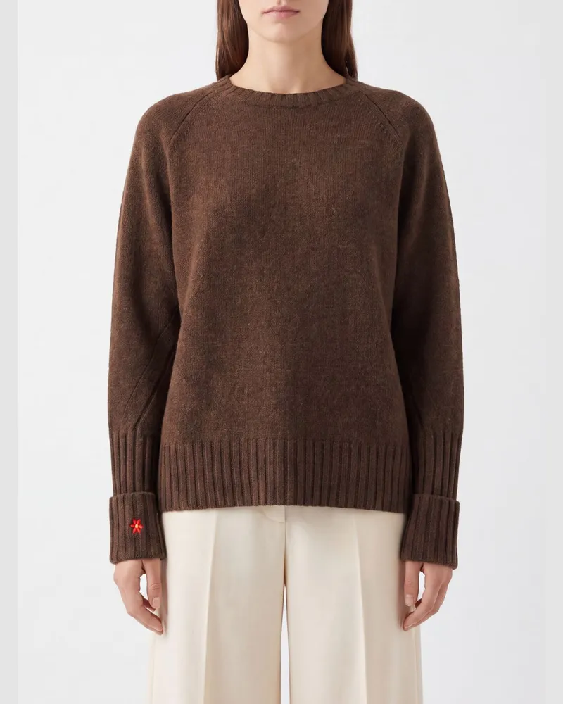 Tory Burch Pullover aus Wolle mit Rundhalsausschnitt und Umschlagbündchen Braun