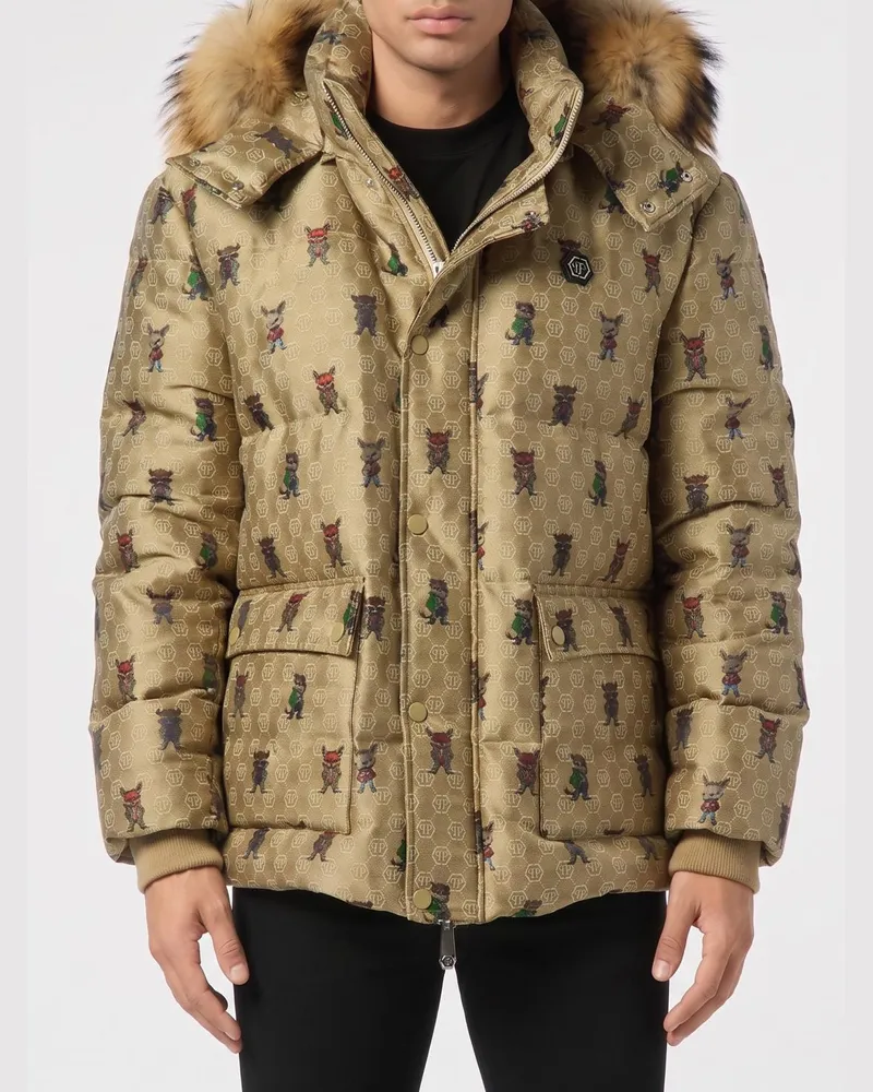 Philipp Plein Jacquard Seidenmisch-Canvas Monogramm Daunenjacke Beige