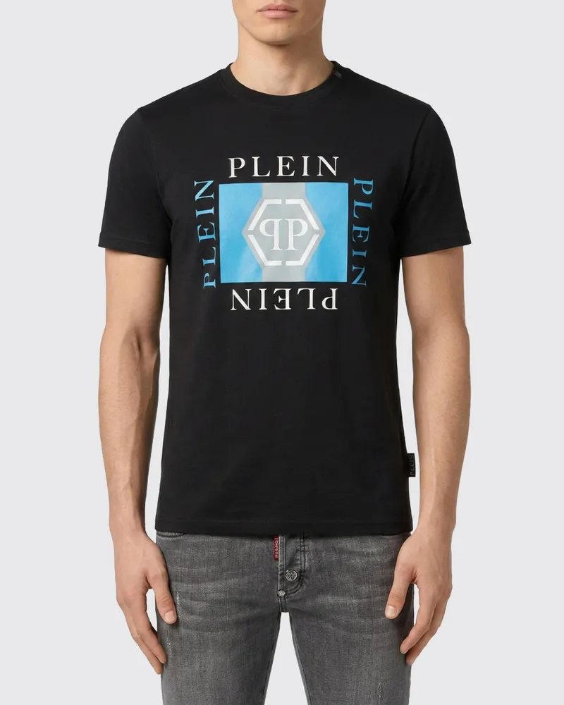 Philipp Plein Baumwoll-T-Shirt mit Rundhalsausschnitt und kontrastierendem Brustlogo Schwarz