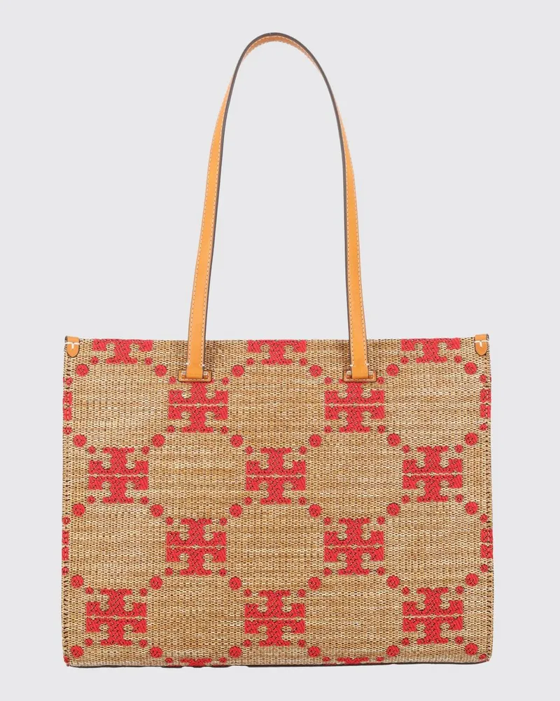 Tory Burch T Monogram Schultertasche aus Bast mit Jacquard-Logo und doppelten Ledergriffen Beige