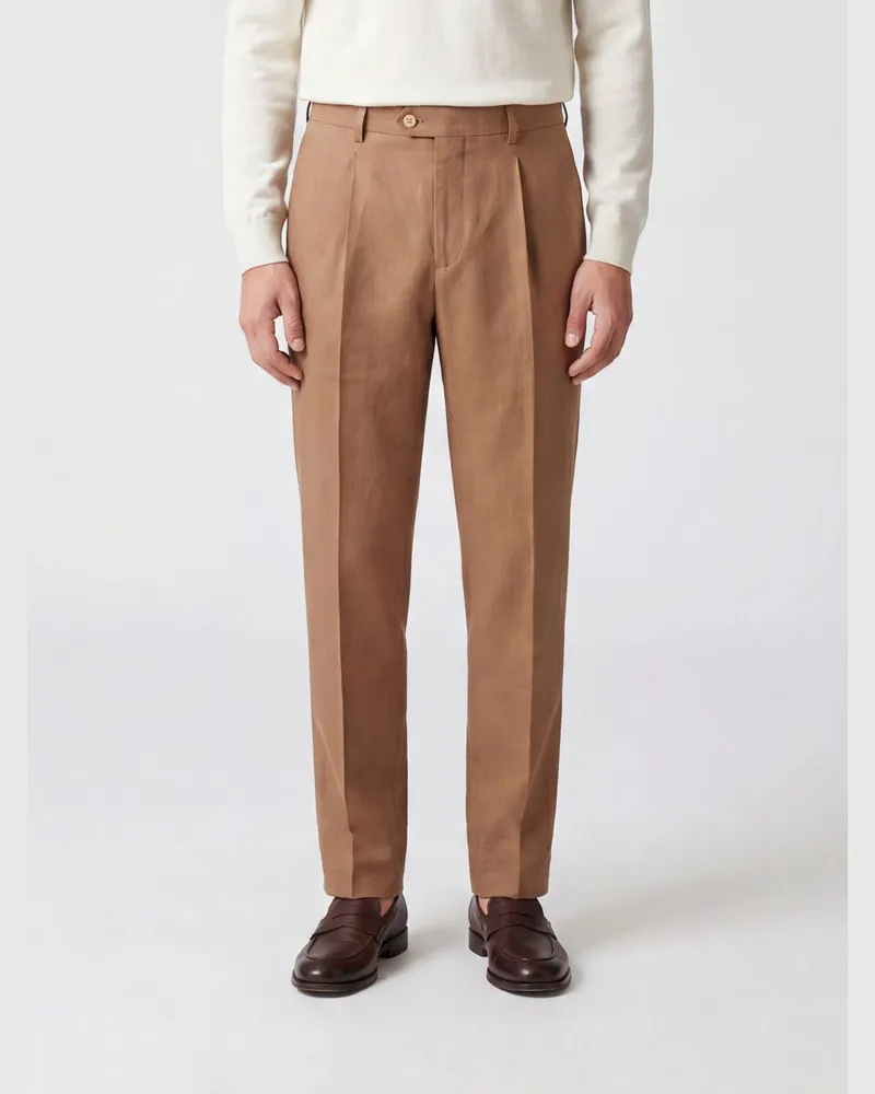 Brunello Cucinelli Maßgeschneiderte Hose aus Baumwolle und Leinen Camel