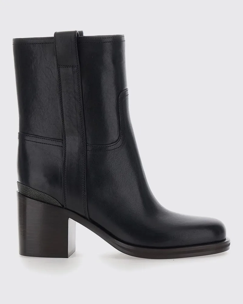 Brunello Cucinelli Stiefeletten aus Glattkalbsleder mit Monili-Besatz und Blockabsatz Schwarz