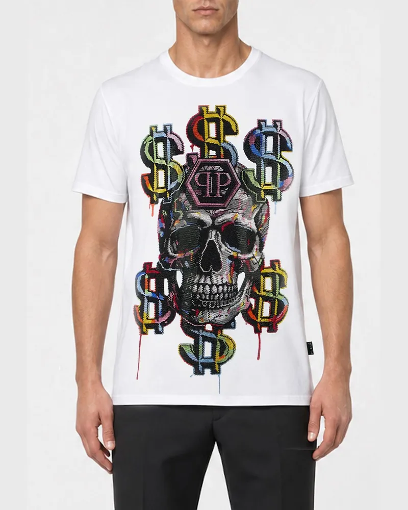 Philipp Plein Baumwoll-T-Shirt mit strassverziertem Totenkopf- und Logo-Print Weiß