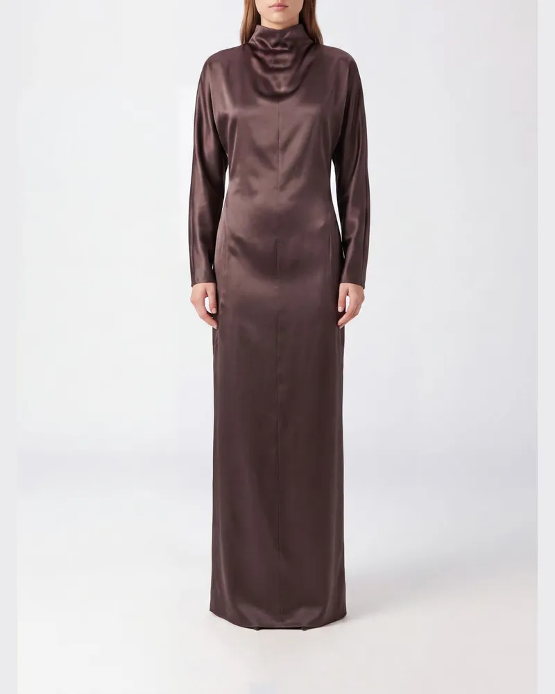 Max Mara Langes Etui-Abendkleid aus Seide mit drapiertem Stehkragen Grau