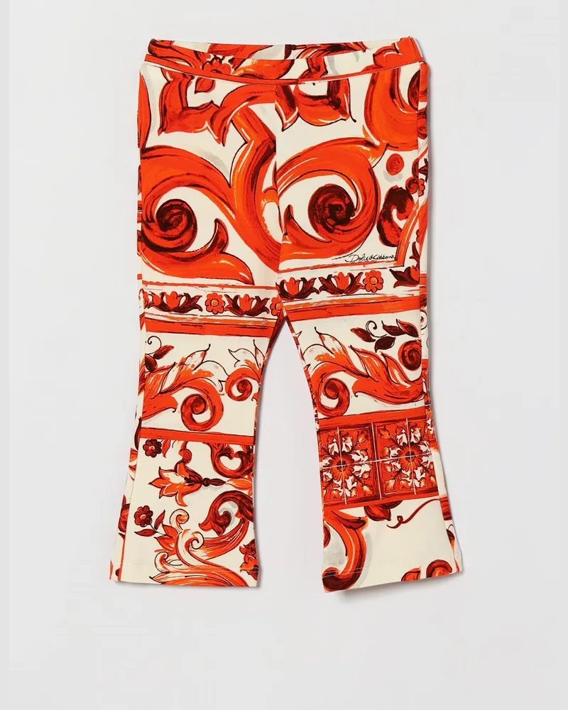 Dolce & Gabbana DOLCE  GABBANA Dolce & Gabbana Ausgestellte Leggings für Mädchen aus Stretch-Baumwolle mit Majolika-Print Orange