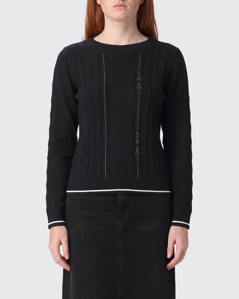 Liu Jo Schmal geschnittener Pullover mit Rundhalsausschnitt aus Viskosemischung mit Kontrastlogo Schwarz
