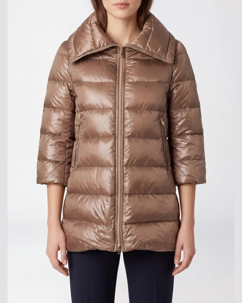 Herno Langer Daunenmantel aus gestepptem Nylon mit Trichterkragen und Reißverschluss Taubengrau