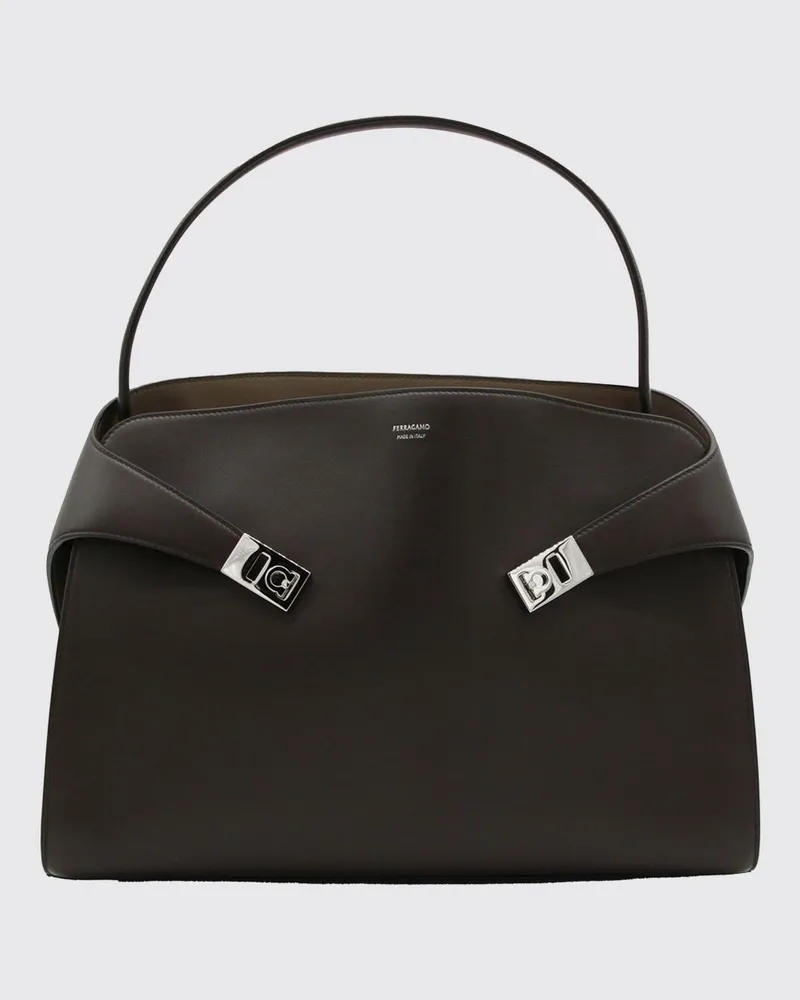 Ferragamo Hug Große Schultertasche aus glattem Kalbsleder in Braun Dark