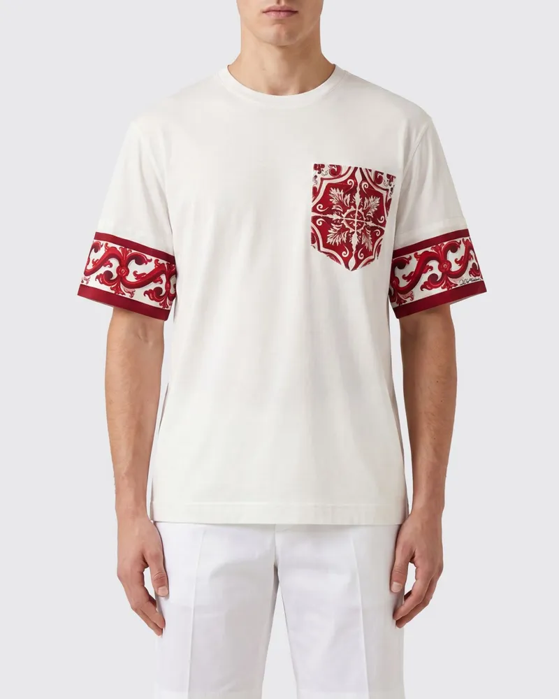 Dolce & Gabbana DOLCE  GABBANA Dolce & Gabbana T-Shirt aus Baumwolle und Seide mit Majolika-Print und Kontrastbesatz Weiß