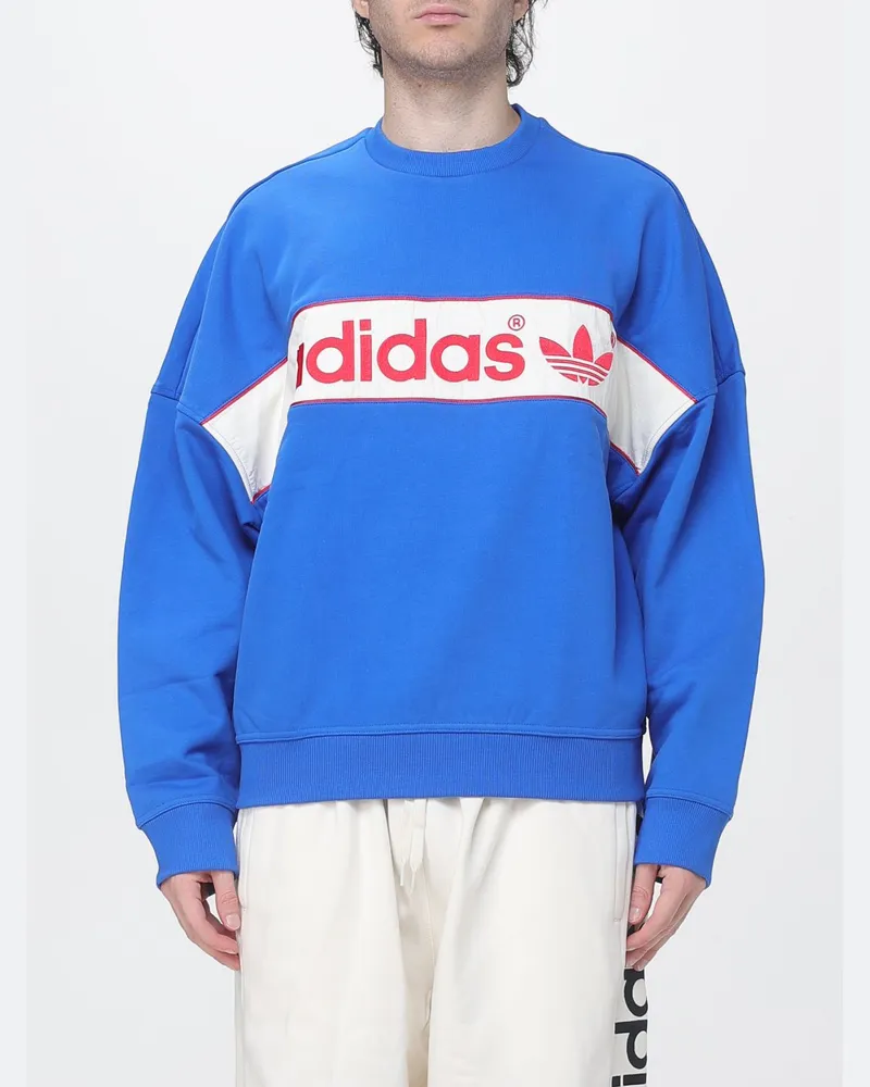 adidas Baumwollmisch-Sweatshirt mit Rundhalsausschnitt, Kontrastlogo und überschnittenen Schultern Blau