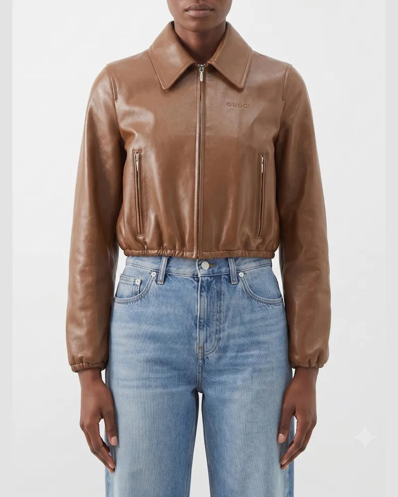 Gucci Cropped-Jacke aus Lammleder mit Reißverschluss Beige