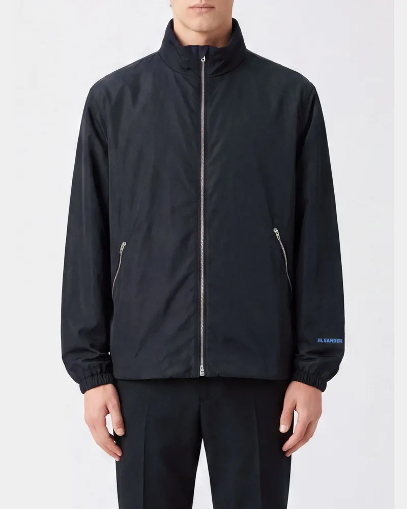 Jil Sander Wasserabweisende Bomberjacke aus technischem Gewebe mit Stehkragen und Logo Blau