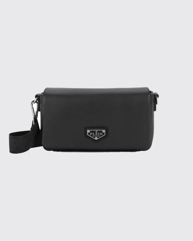 Philipp Plein Umhängetasche aus Glattleder mit Metalllogo und Klappe Schwarz