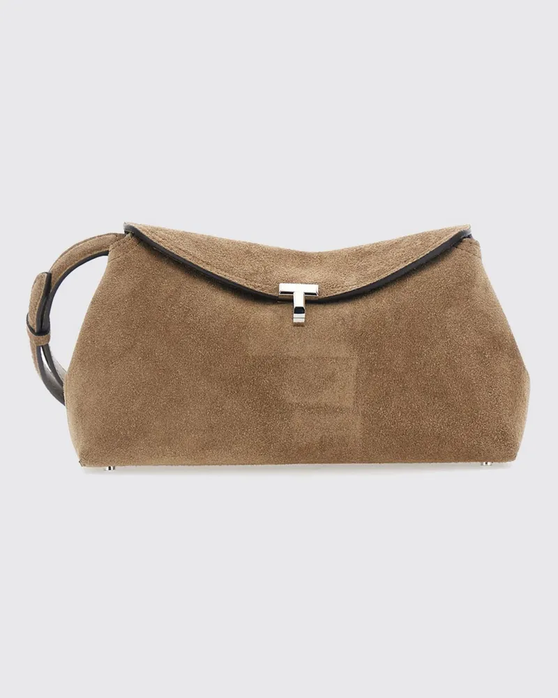 Totême T-Lock Wildleder-Clutch mit metallischem Monogramm Beige
