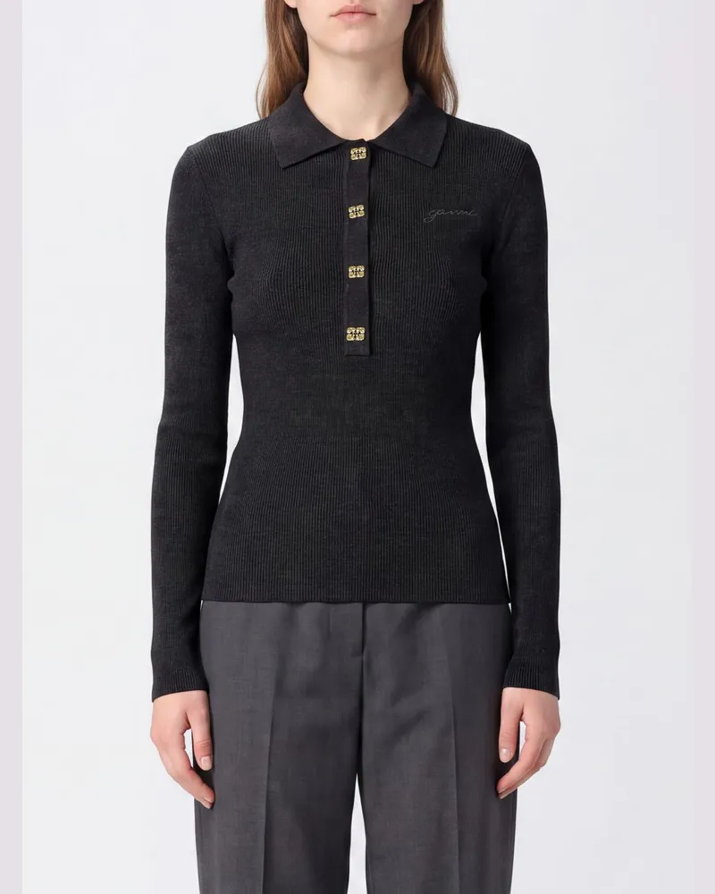 Ganni Slim-Fit-Wollstrickpolo mit langen Ärmeln und Butterfly-Logo Schwarz