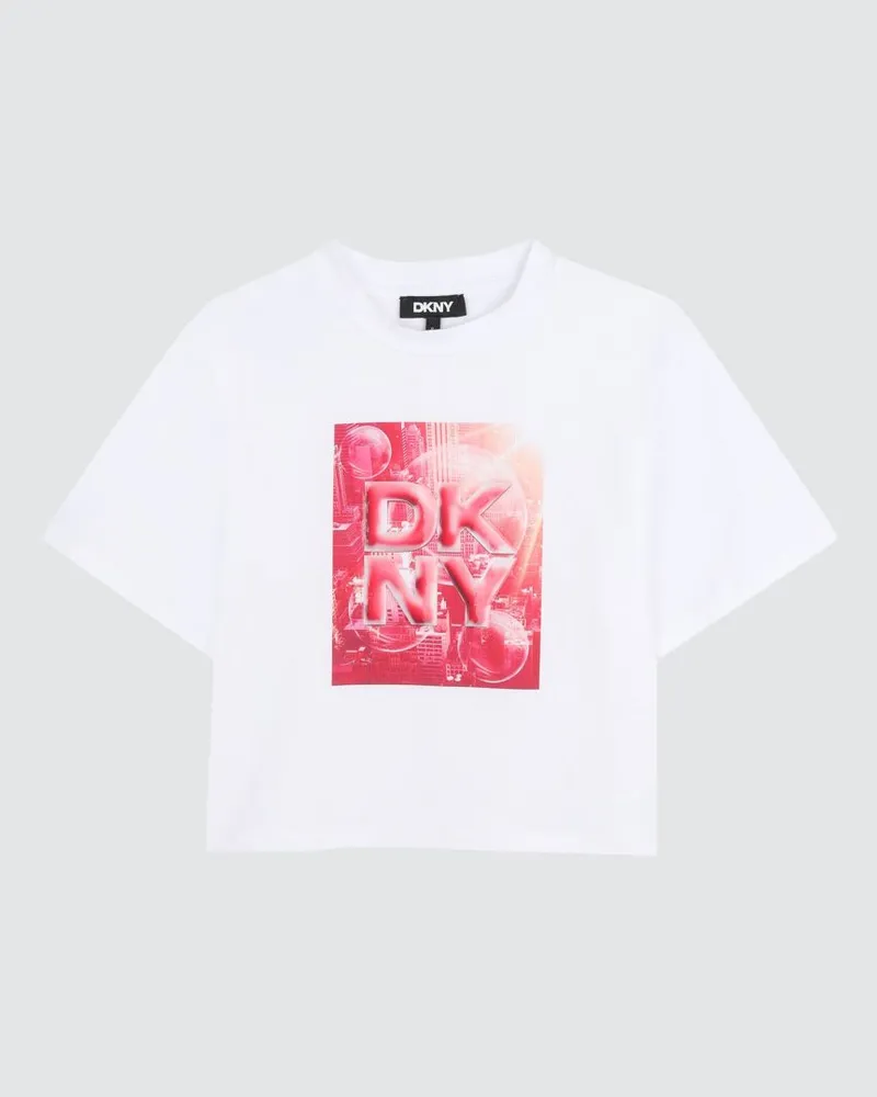 DKNY Jungen T-Shirt aus Baumwolle mit Kontrastlogo und Rundhalsausschnitt Weiß